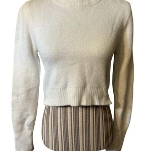 Zara Sweater Small White Cropped Fuzzy Teddy Crewneck Long Sleeves Ribbed Trim